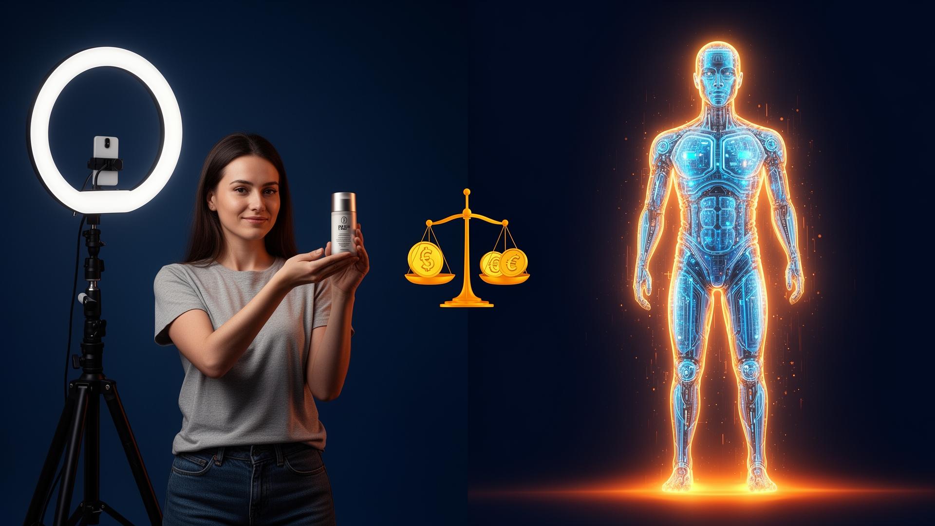 Comparaison entre une créatrice humaine tenant un produit et un avatar IA holographique, avec une balance représentant le ROI