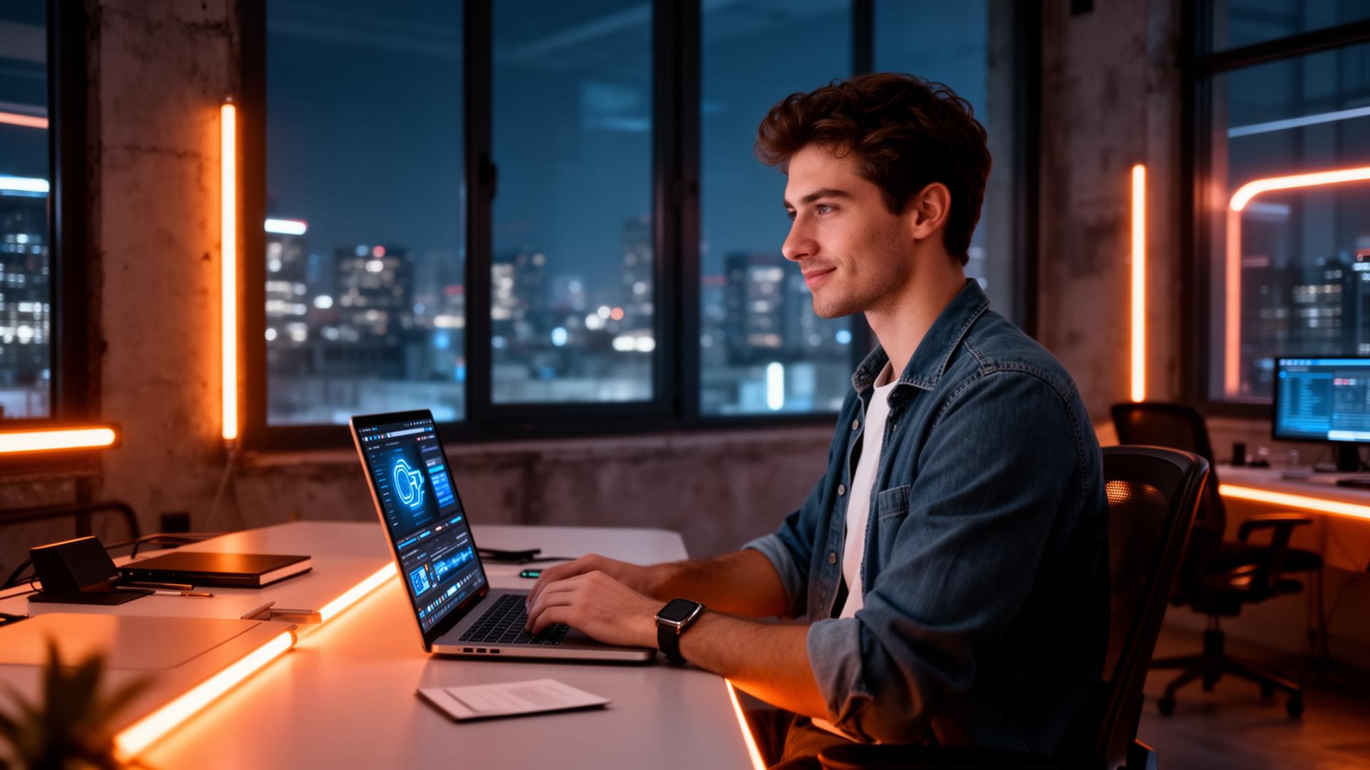 Portrait d'un entrepreneur visionnaire dans un studio futuriste