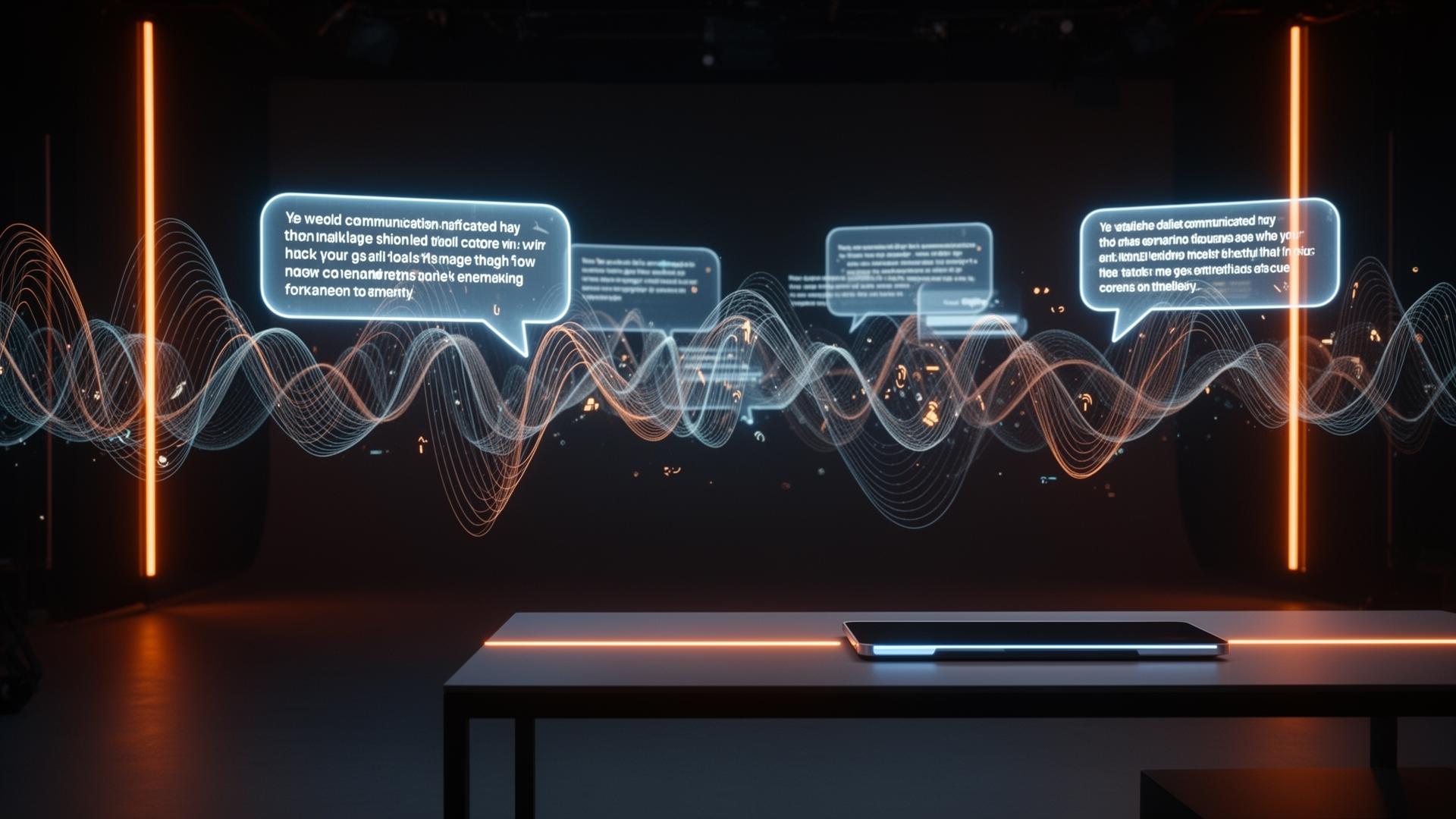Studio créatif holographique futuriste, lumière orange et bleue