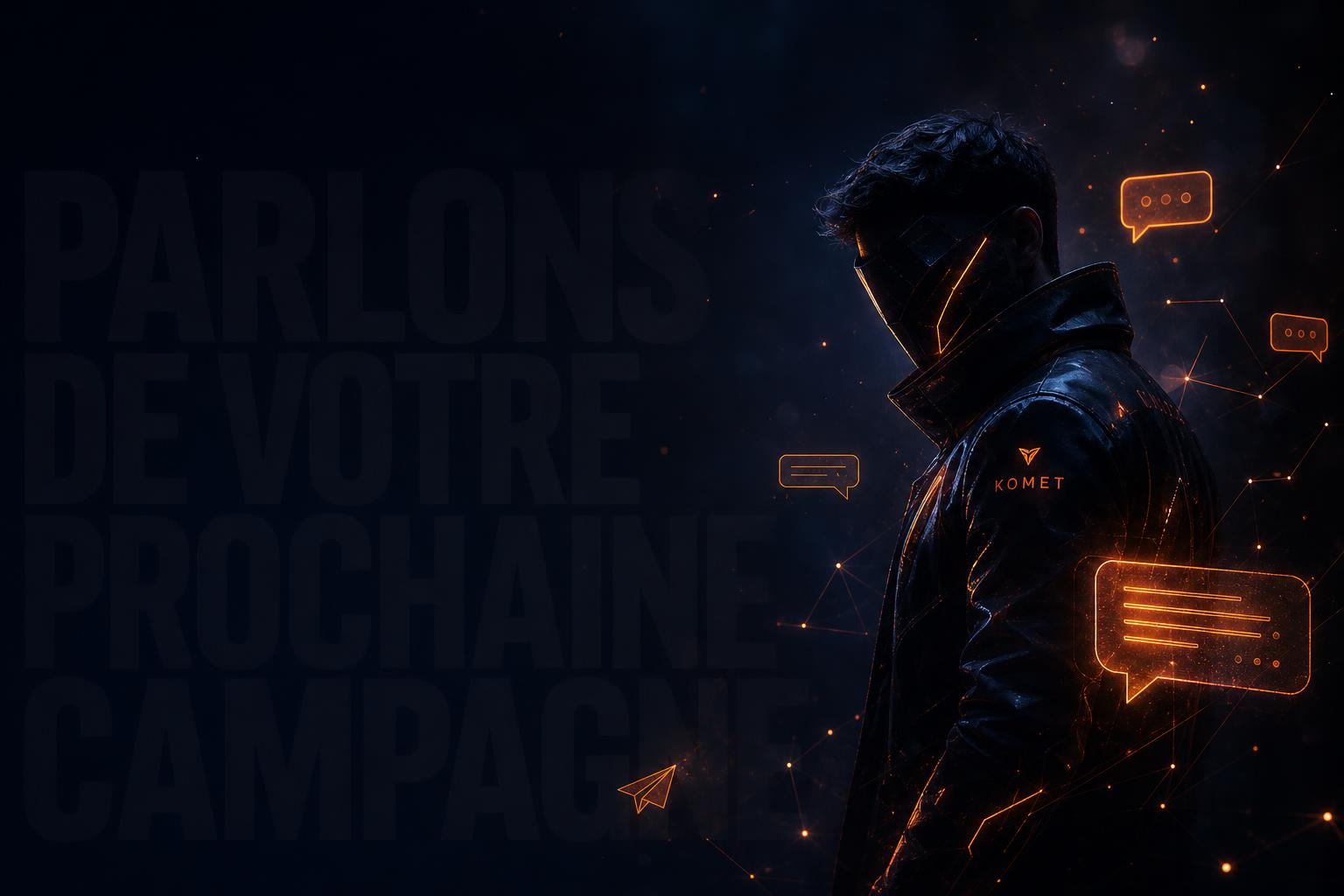 Studio créatif holographique futuriste, lumière orange et bleue