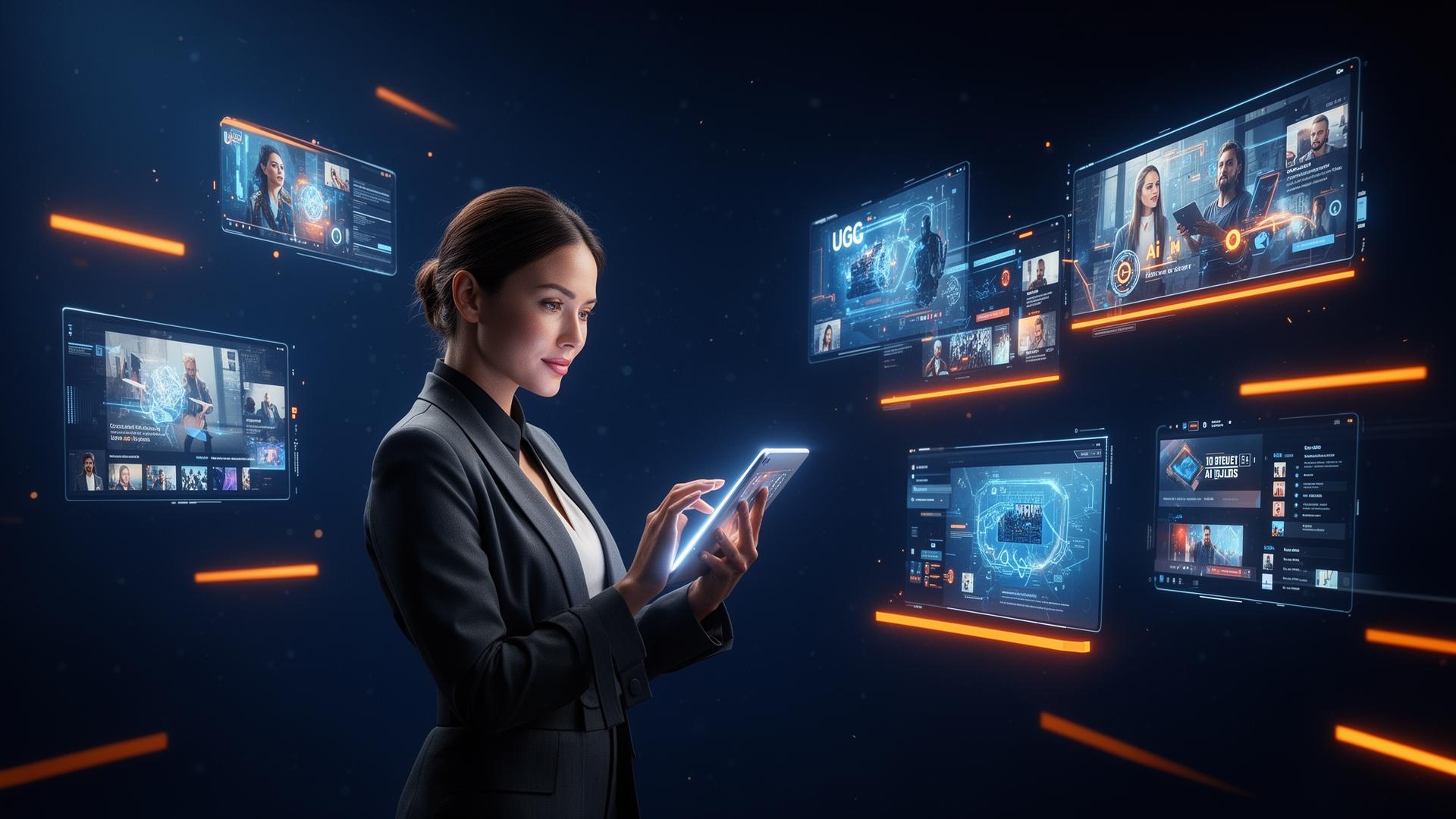 Studio créatif futuriste avec écrans holographiques UGC