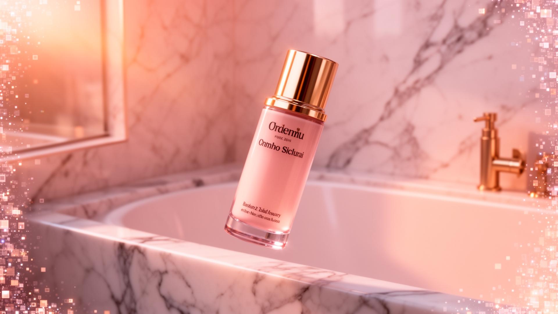 Flacon de cosmétique flottant dans une salle de bain en marbre, transition pixelisée évoquant la génération par IA