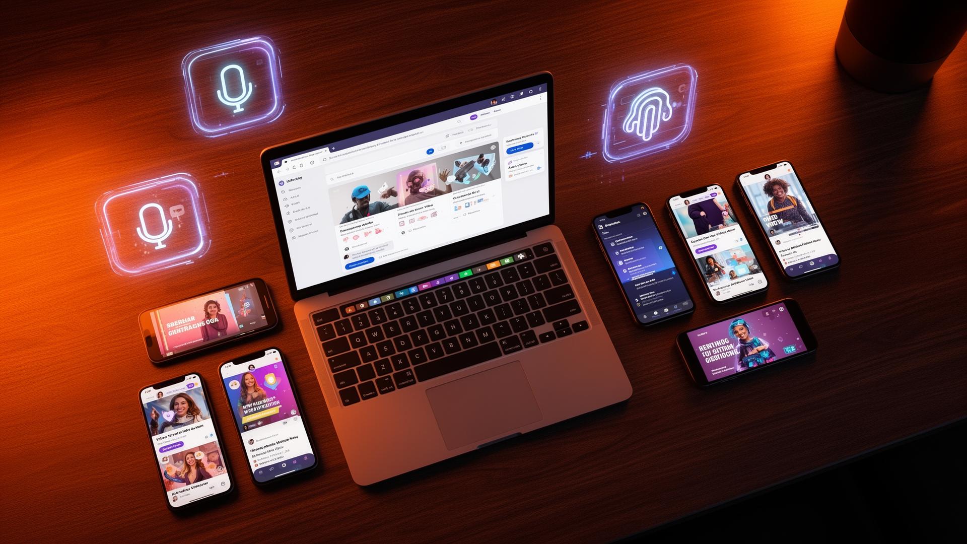 Flatlay d'un bureau marketing moderne avec MacBook, smartphones affichant des publicités UGC et icônes holographiques d'outils IA