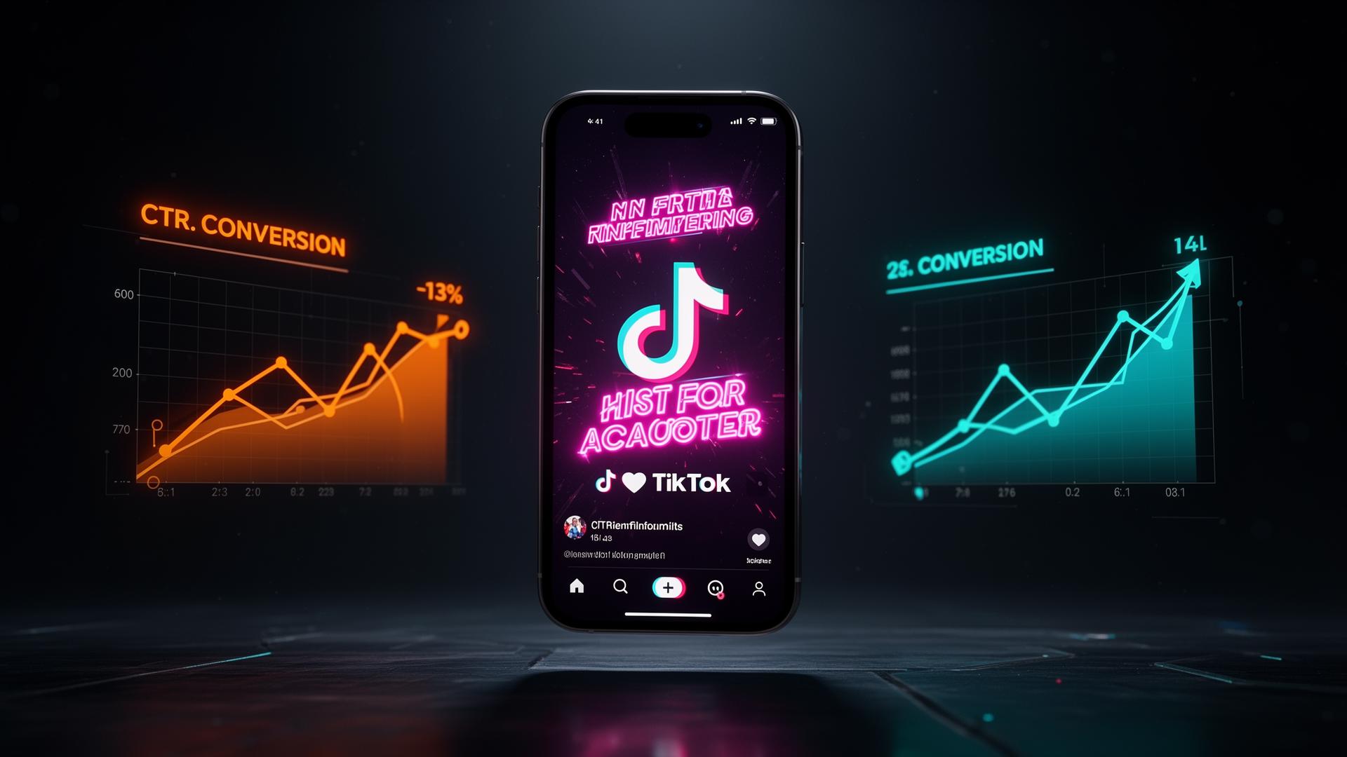 Smartphone affichant une publicité TikTok avec sous-titres néon et graphiques de performance CTR et conversion en orange et cyan