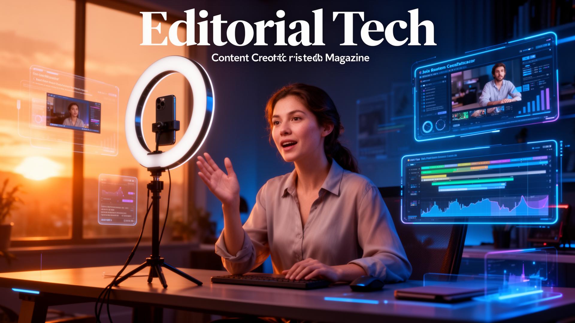 Créatrice de contenu utilisant un avatar IA dans un studio futuriste avec interfaces holographiques