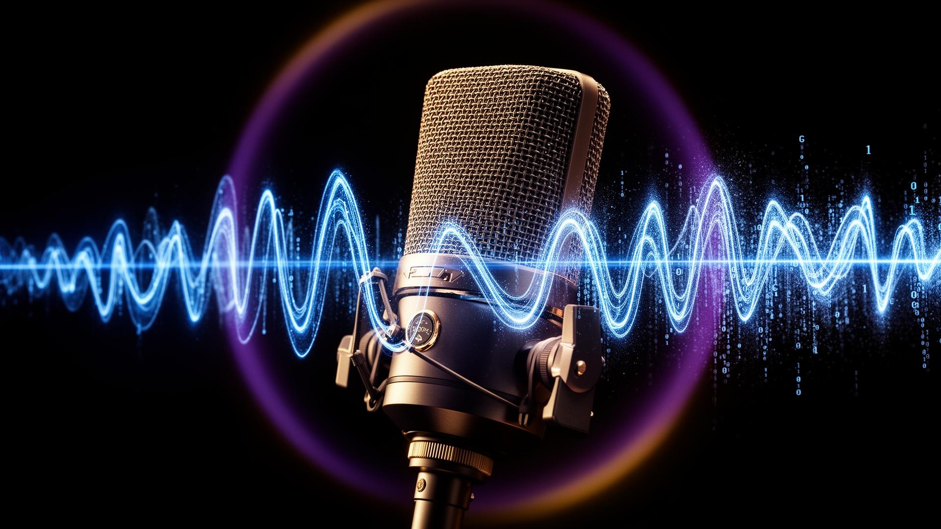 Microphone professionnel entouré de courbes sonores lumineuses bleues et violettes se transformant en code binaire